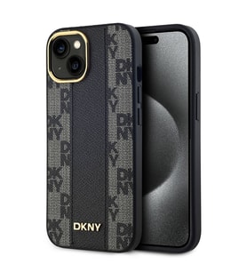 Apple iPhone 15 Uyumlu Kılıf DKNY Orjinal Lisanslı M-safe Şarj Özellikli 3D Yazılı Checkered Pattern Kapak (Siyah)