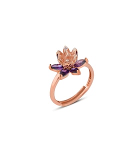 925 Ayar Gümüş Rose kaplama Ametist Taşlı Lotus Nilüfer Çiçeği Ayarlanabilir Yüzük (STD)