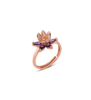 925 Ayar Gümüş Rose kaplama Ametist Taşlı Lotus Nilüfer Çiçeği Ayarlanabilir Yüzük (STD)