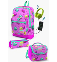 Coral High Kids Açık Pembe Su Yeşili Makaron Desenli USB'li 3’lü Okul Çanta Seti - Kız Çocuk