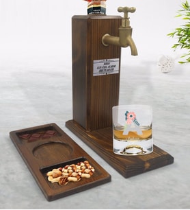 BK Gift Kişiye Özel Harf ve İsim Tasarımlı Viski Bardağı & Musluklu Doğal Ahşap İçki Standı & Masif Ahşap Dikdörtgen Sunum Tabağı Çerezlik Hediye Seti-3