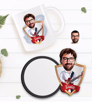 BK Gift Kişiye Özel Erkek Gitarist Karikatürlü Beyaz Kupa ve Ahşap Bardak Altlığı Hediye Seti-2