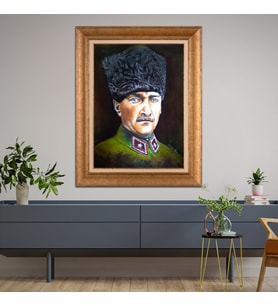 Altın Varaklı Çerçeveli Paspartulu Atatürk Tablo DC1386 (Gold)
