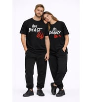 Sevgili Kombini Her Beast His Beauty Oversize Çift Tişört Unisex Partner Couple Kombin Seti (Siyah)