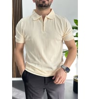 Erkek Desenli Polo Yaka Tişört Krem Edw457