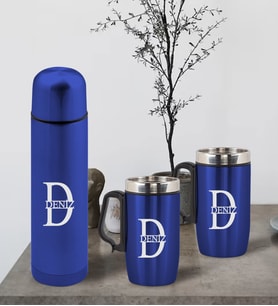 BK Gift Kişiye Özel Deri Çantalı Mavi Seyahat Termosu ve İkili Termos Mug Hediye Seti - 3