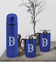 BK Gift Kişiye Özel Deri Çantalı Mavi Seyahat Termosu ve İkili Termos Mug Hediye Seti - 3