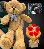Kişiye Özel Led Işıklı Fotoğraflı Ayıcık Buketi ve Büyük Boy 80cm Kahverengi Peluş Ayıcık (Model 3)