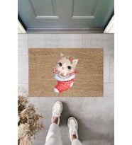 Dormot Modern Baskı - Yılbaşı Kedisi - Karşılama Kapı Önü Paspası (Bej)