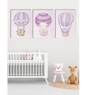Çocuk Odası ve Kreşler İçin Kanvas Tablo Seti 3 Adet x 40x55cm Balonla Uçan Hayvanlar (Karışık)
