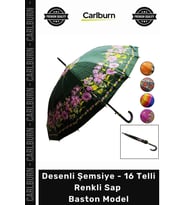 Özel Üretim Sağlam Rüzgara Dayanıklı Şık Bayan Desenli Şemsiye 16 Telli Renkli Sap Baston Model