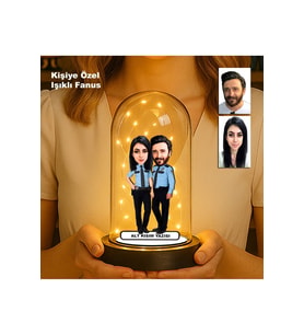 Kişiye Özel Çift Karikatür Fanus  Sevgili ve Evlilere Özel Işıklı Biblo