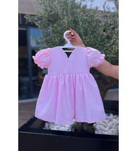 Krep Kabartma Desenli Yazlık Kız Çocuk Bebek Pembe Elbise