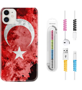 Apple iPhone 11 12 13 Mini Kılıf Kablo Koruma Spiral Silikon Şanlı Türk Bayrağı 3 1395