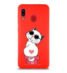 Samsung Galaxy A20 Soft Premier Kapak Coolcat Tasarımlı Silikon Kılıf - Kırmızı (Şeffaf)