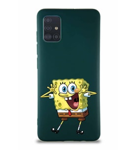 Samsung Galaxy A51 Soft Premier Kapak Sünger Bob Tasarımlı Silikon Kılıf - Yeşil (Şeffaf)