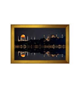 Sultan Ahmet Camii Ayasofya ve Gece Motifli Kanvas Tablo 50 x 70 cm Gold Çerçeve