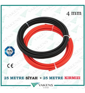  Solar Kablo (25m+25m) 4mm Güneş Paneli Kablo Seti Siyah Kırmızı  (Siyah-Kırmızı)