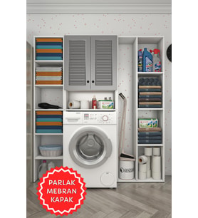 Kenzlife membran çamaşır makinesi dolabı sinemmega gribyz panjur 180*156*30 mebran kapak MDF gövde kapaklı arkalıklı raflı (Beyaz-Gri)