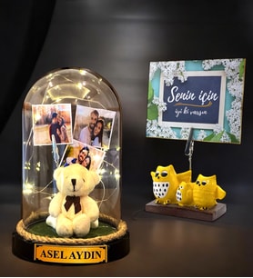 Kişiye Özel İsimli ve 3 Fotoğraflı Fanus, Peluş Ayıcıklı ve Led Işıklı 