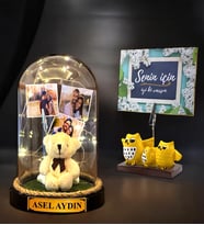 Kişiye Özel İsimli ve 3 Fotoğraflı Fanus, Peluş Ayıcıklı ve Led Işıklı 