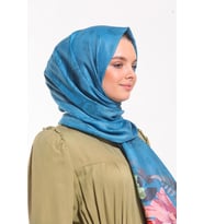 Çiçekli Desen Pavia Seri Şal Eşarp Askısı ile Birlikte 90X200 cm Mavi Somon-90X2