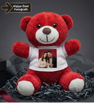Kişiye Özel Baskılı Tişörtlü Kırmızı Peluş Ayıcık 22cm  Sevgiliye Hediye Peluş Ayıcık