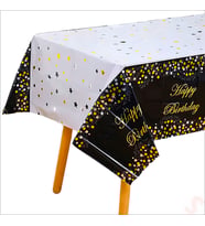 Happy Birthday Altın Baskılı Masa Örtüsü, 137cm x 183cm - Siyah