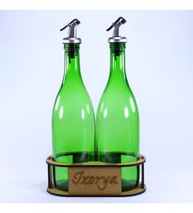 Lazer Kesim Stantlı Zeytinyağı Şişe Seti 2’li Yağdanlık Sosluk Sirkelik 2×750 ml Açık Yeşil Silver Renk Akıtıcılı