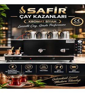 SAFİR 4 GÖZLÜ KROMAT SİYAH TAM OTOMATİK ÇAY KAZANI ELEKTRİKLİ VE DOĞALGAZLI CE BELGELİ ÇAY SEMAVERİ ÇAY MAKİNESİ