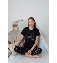 Kadın Desenli Bisiklet Yaka Düğmesiz Milan Yazlık Kısa Kol Pijama Takımı (Siyah)