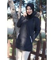 Kışlık Kürk Yaka Şişme Kadın Tesettür Mont (Siyah)