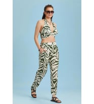 Düz Paça Yeşil Desenli Beli Lastikli Pantolon (Zebra)