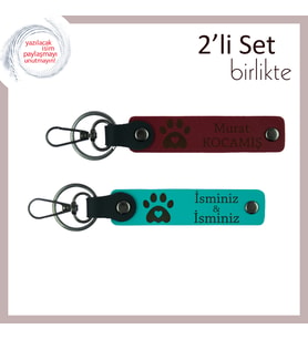 Hayvan Sevgisiyle Hazırlanan Deri Set, Kalpli Pati Desenli Anahtarlık, Bordo-Koyu Turkuaz