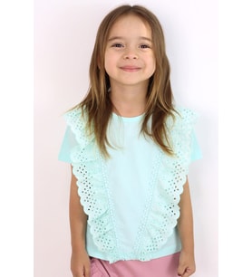 Breeze Kız Çocuk Tişört Güpürlü Çiçekleri Nakışlı 1.5-5 Yaş, Su Yeşili
