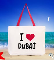 BK Gift I Love Dubai Renkli Kulp Kanvas Plaj Çantası 48x40m, Baskılı Omuz Çantası, Alışveriş Çantası (Kırmızı)