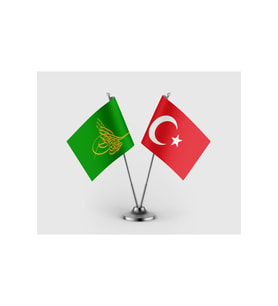 Osmanlı Tuğrası Yeşil ve Türk Bayrağı İkili Saten Masa Bayrağı Takımı