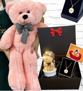 Büyük Boy Pembe Peluş Ayıcık ve Tasarım Kolyeli Fotoğraflı Hediye Kutusu (Model 6)