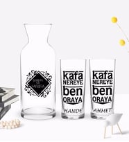 BK Gift Kişiye Özel Renkli Baskılı Kafa Nereye Ben Oraya Tasarımlı İkili Rakı Bardağı ve Karaf Hediye Seti-1 (Model 1)