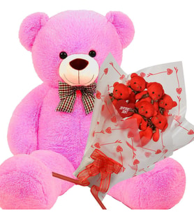 Sevimli 90 cm Peluş Ayı ile Premium Yumoş Kırmızı Peluş Ayıcık Buketi Fuşya