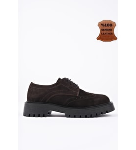 Muggo AMOUR  Bağcıklı Hakiki Deri Kalın Taban Günlük Casual Makosen Kadın Loafer Ayakkabı (Koyu Kahverengi)
