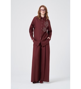 FTZ Women Kadın Rahat Kalıp Zincir İşleme Tencel Keten Takım Bordo 31374