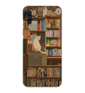 Samsung Galaxy A70 Uyumlu Kedi ve Kütüphane Tasarımlı Şeffaf Telefon Kılıfı