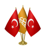 Masa Üstü Karahanlılar Bayrağı Türk Bayrağı Üçlü Pirinç Direk Masa Bayrak Seti