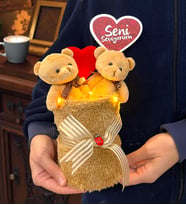 Premium Peluş Saksıda 2'li Kahve Peluş Ayıcıklı Buket Seni Seviyorum Led Işıklı Tasarım