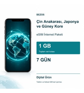 Çin Anakarası, Japonya ve Güney Kore eSIM İnternet Paketi 1 GB 7 Gün