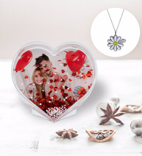 BK Gift Kişiye Özel Fotoğraflı Kalp Kar Küresi ve İsimli Silver Papatya Kolye-1