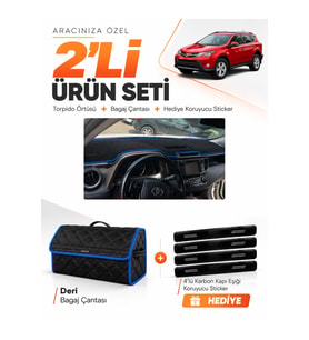 e-biz TOYOTA RAV4 (2013-2018) Uyumlu Torpido Örtüsü + Deri Bagaj Çantası Seti - Siyah-Mavi - TO023