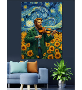 Van Gogh Tarzı Yıldızlı Gecede Ayçiçek Tarlasındaki Kemancı Adam Dekoratif Kanvas - Mdf Ahşap Tablo