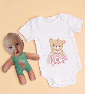 BK Kids Kişiye Özel Fotoğraflı Bebek Yastık ve Bebek Body Zıbın Hediye Seti - Model 10